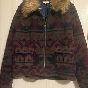 Tribal Pattern Jacket with Faux Fur Collar